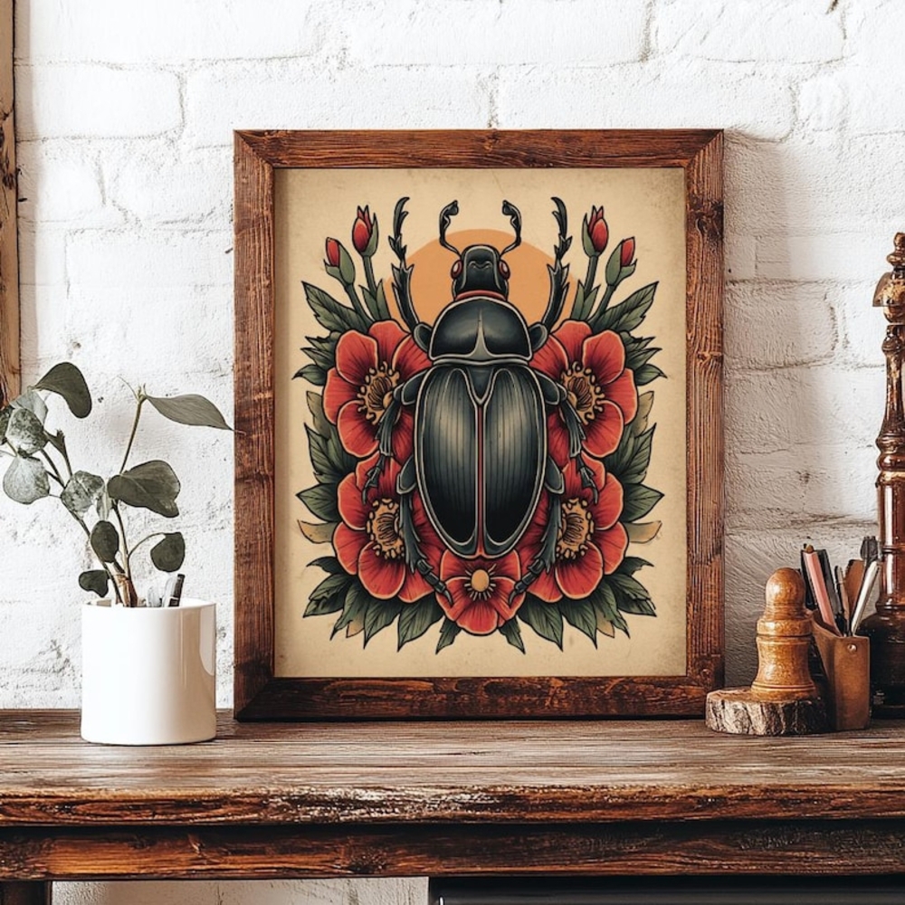 Vintage Beetle Art Print, Traditional Tattoo Style Beetle Floral Design, Gothic